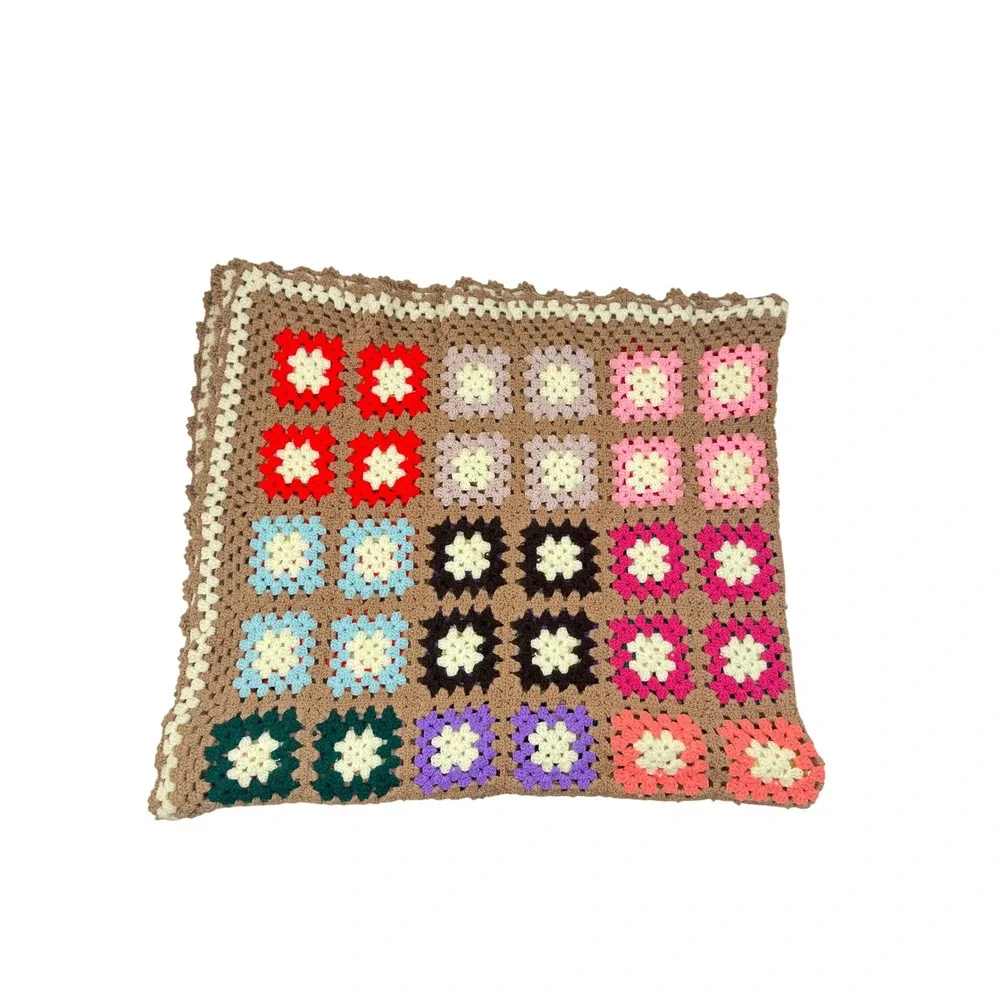 Vintage Granny Square Afghan Blanket Tan Multi Yarn Crochet Motifs Bordered